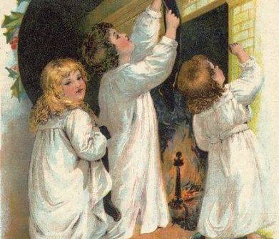illustration of children looking into their stockings from 1870