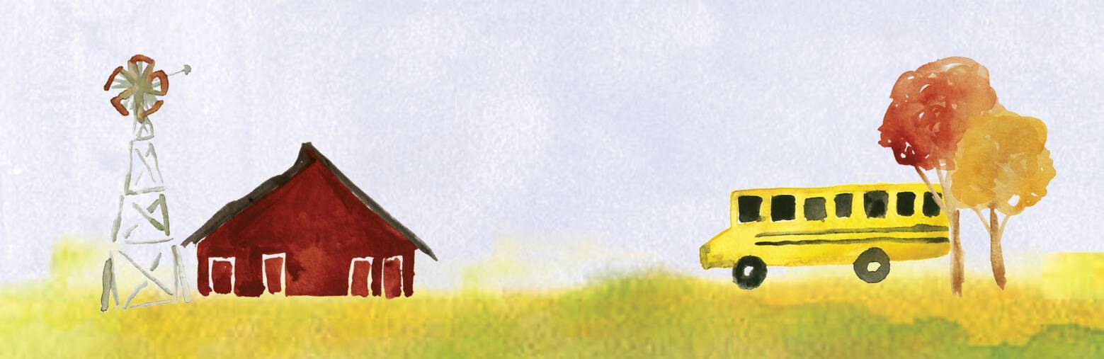 watercolor of school bus and barn