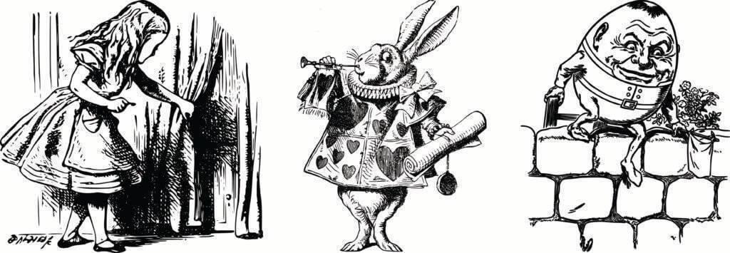 bw illustrations of alice, rabbit, and humpty dumpty