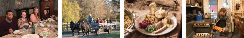 collage of dinner guests - wagon ride - full plate - rolls coming out of oven