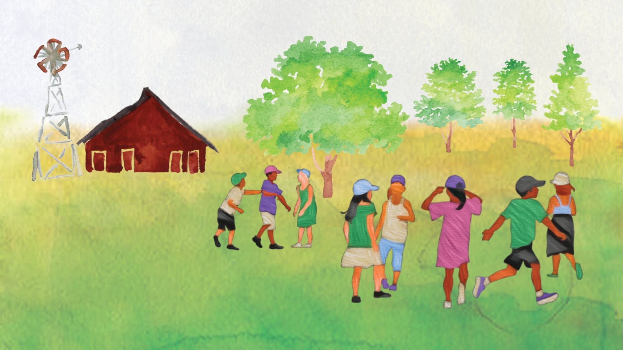 farmstasia for web page watercolor of campers playing in front of red barn