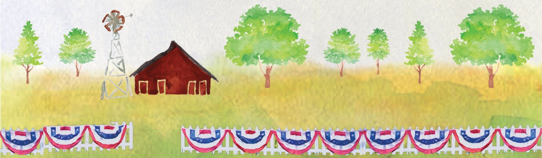 watercolor image of red barn, windmill, and white picket fence with bunting