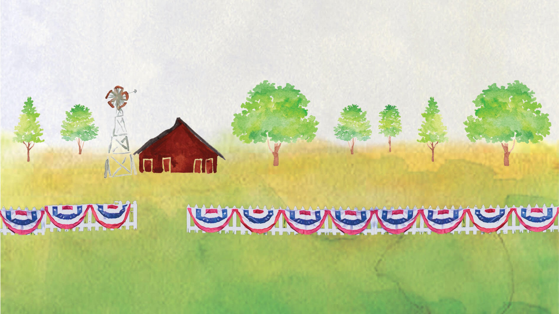 farmstasia header watercolor image of red barn, windmill, and white picket fence with bunting