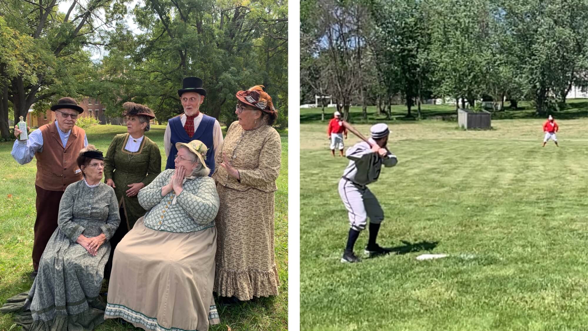 med show + baseball collage of medicine show troupe and baseball player in historic clothing