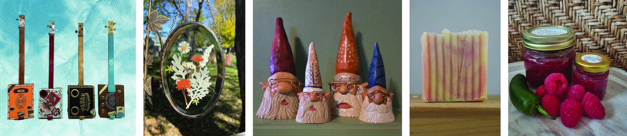 collage of cigar box guitars, pressed flowers, carved gnomes, soap, and raspberry jam