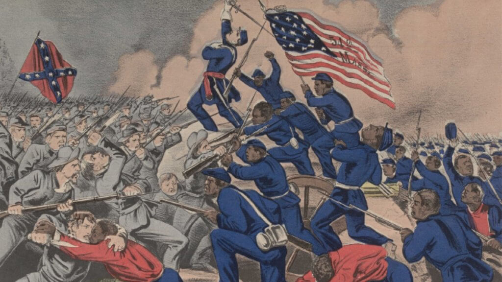 detail of exhibit panel with painting of Civil War battle between Black and white troops