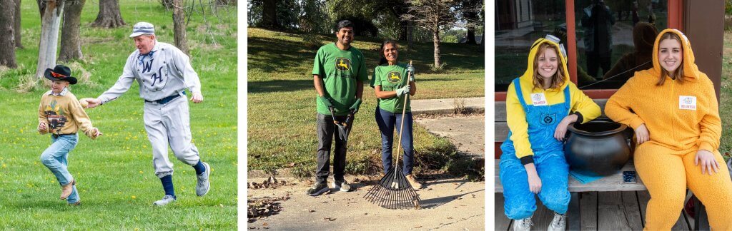 collage of volunteers playing baseball, landscaping, and handing our halloween candy