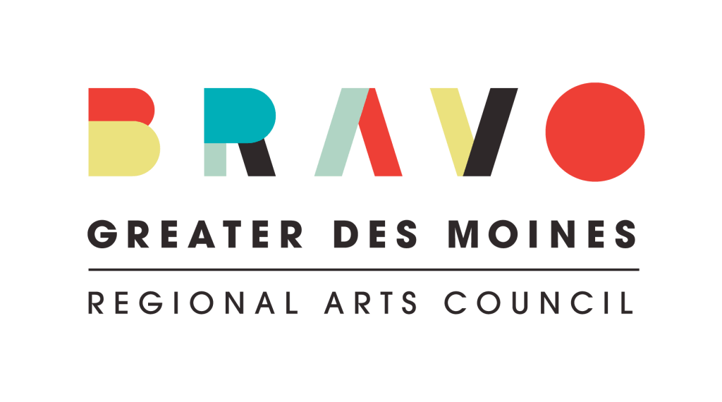 logo - BRAVO in multicolor with text Greater Des Moines Regional Arts Council smaller in black