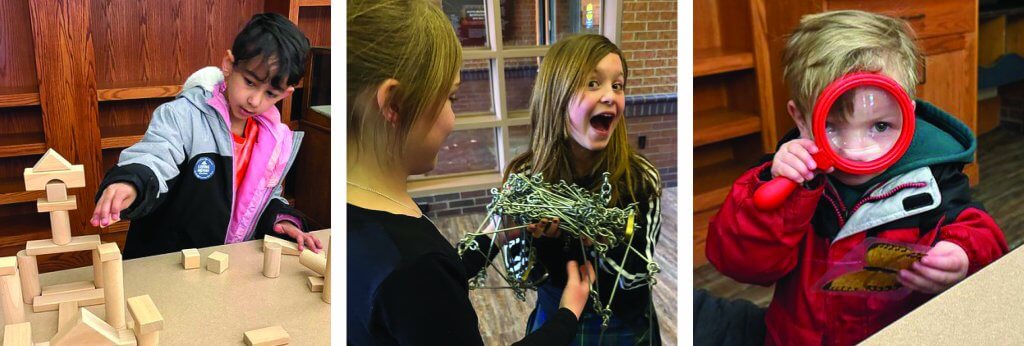 collage of child with blocks, girls with measuring chains, and child with magnifying glass